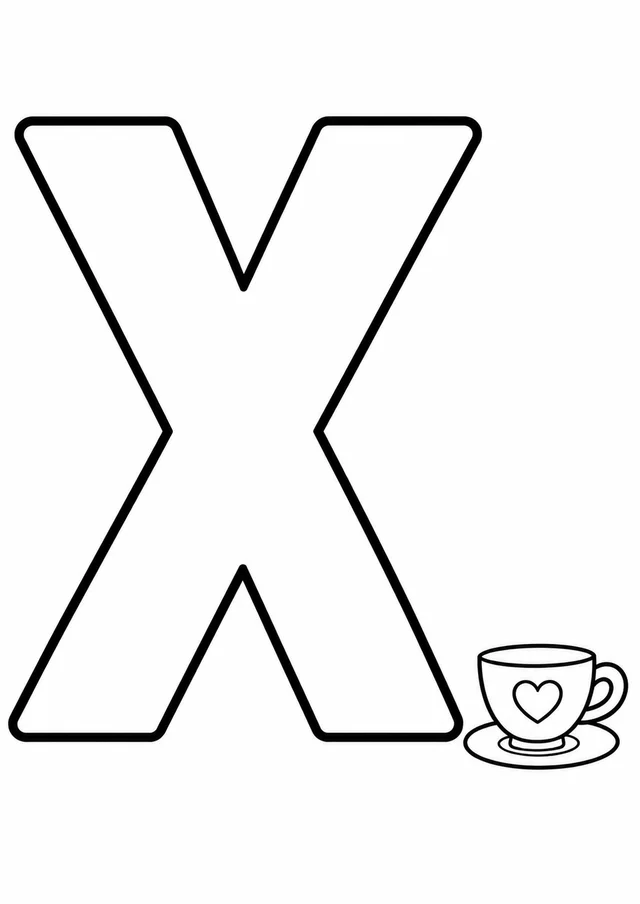 Letra X grande ao lado de uma xícara para colorir
