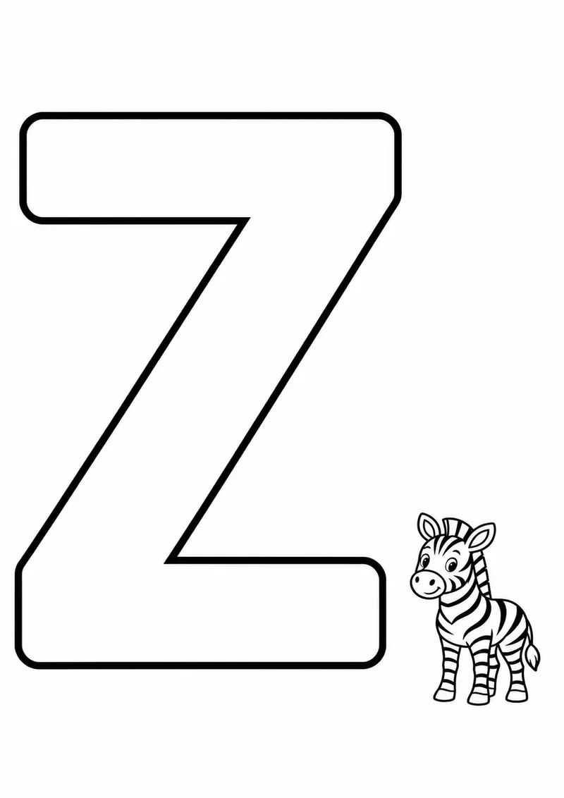 Letra Z grande ao lado de uma zebra para colorir