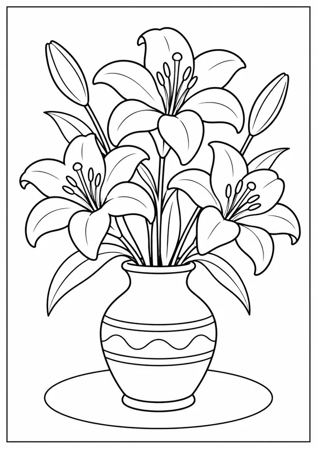 Lírios num vaso de cerâmica para colorir