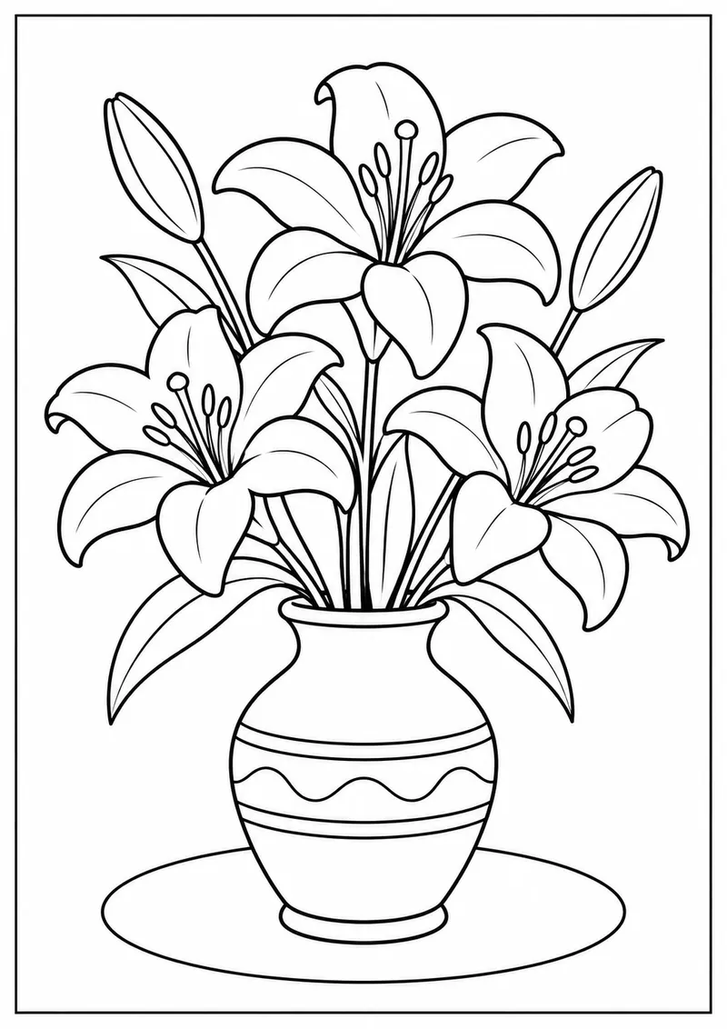 Lírios num vaso de cerâmica para colorir