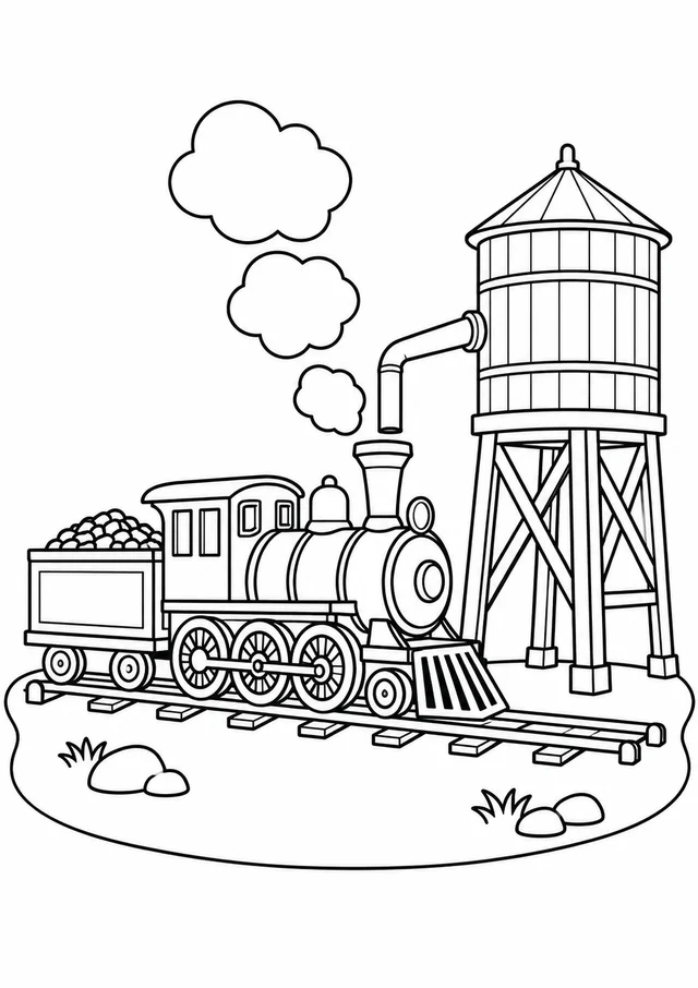 Locomotiva a vapor junto à caixa-d’água para colorir