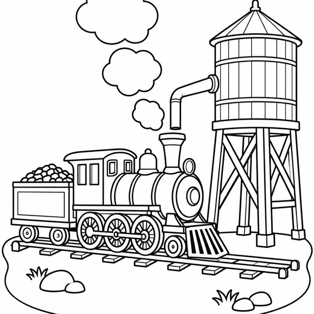 Locomotiva a vapor junto à caixa-d’água para colorir
