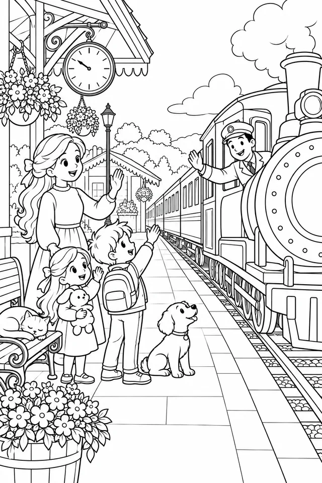 Locomotiva na estação para colorir