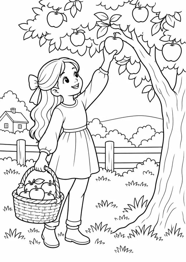 Macieira com cesta de maçãs para colorir