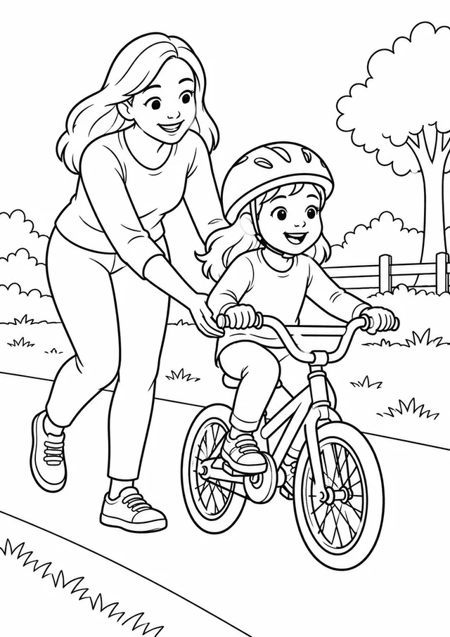 Mãe ajudando criança a andar de bicicleta para colorir