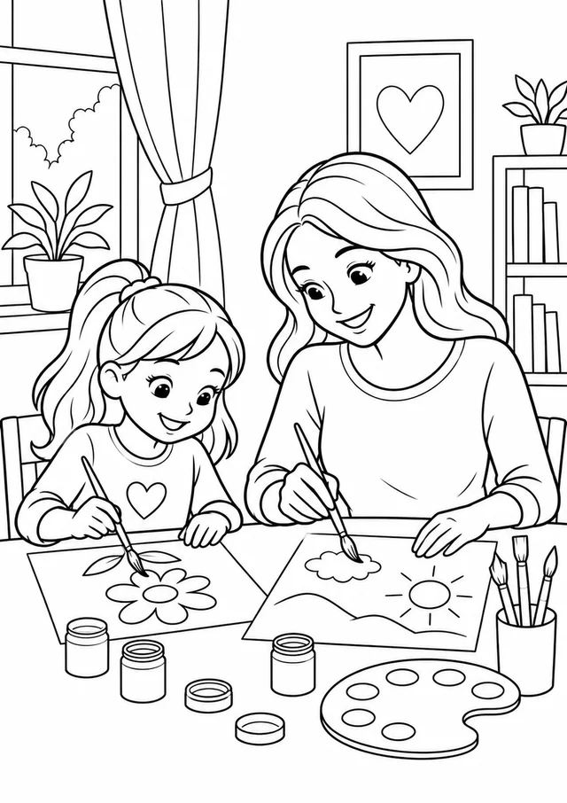 Mãe e filha pintando juntas para colorir