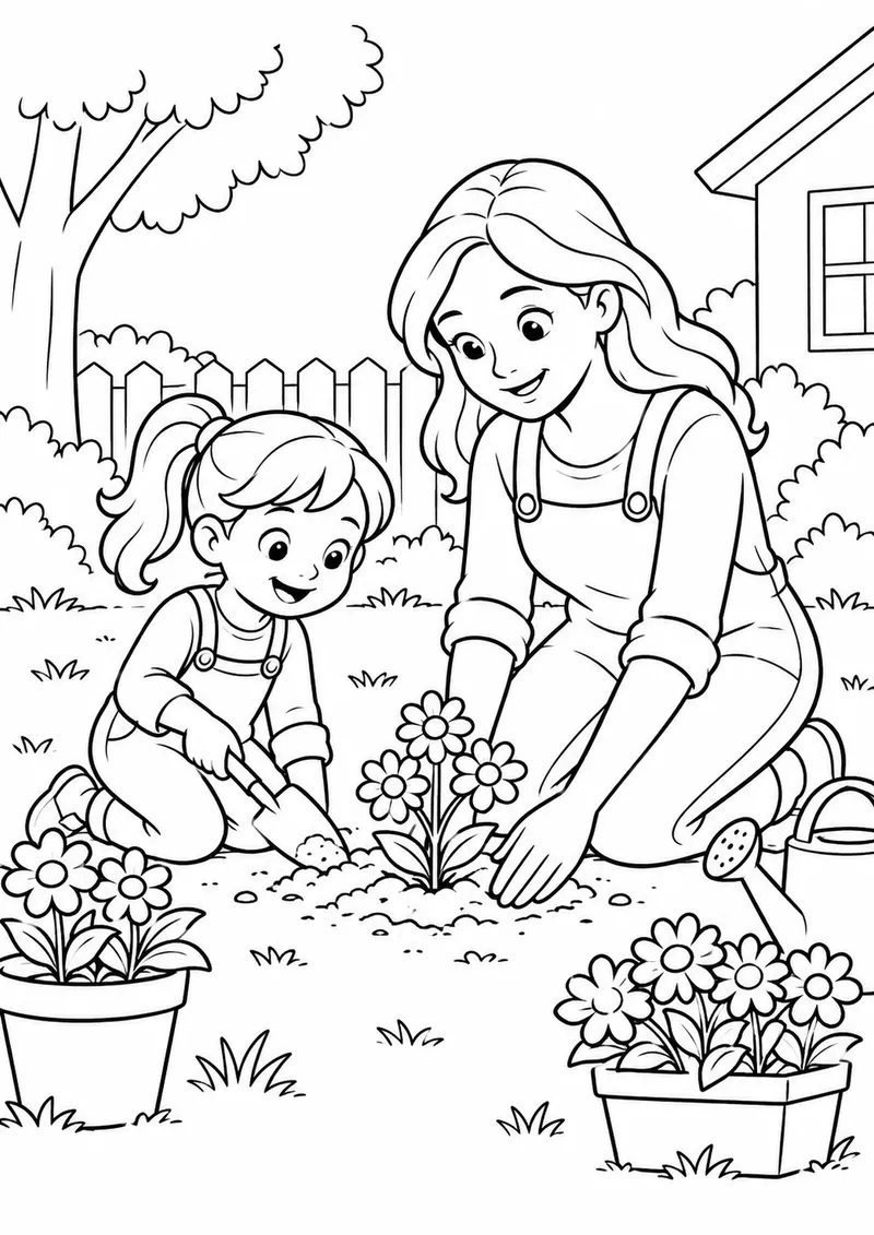 Mãe e filha plantando flores para colorir