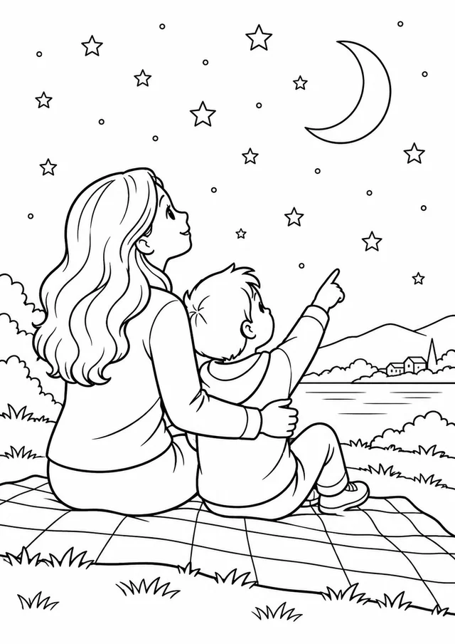 Mãe e filho observando estrelas para colorir