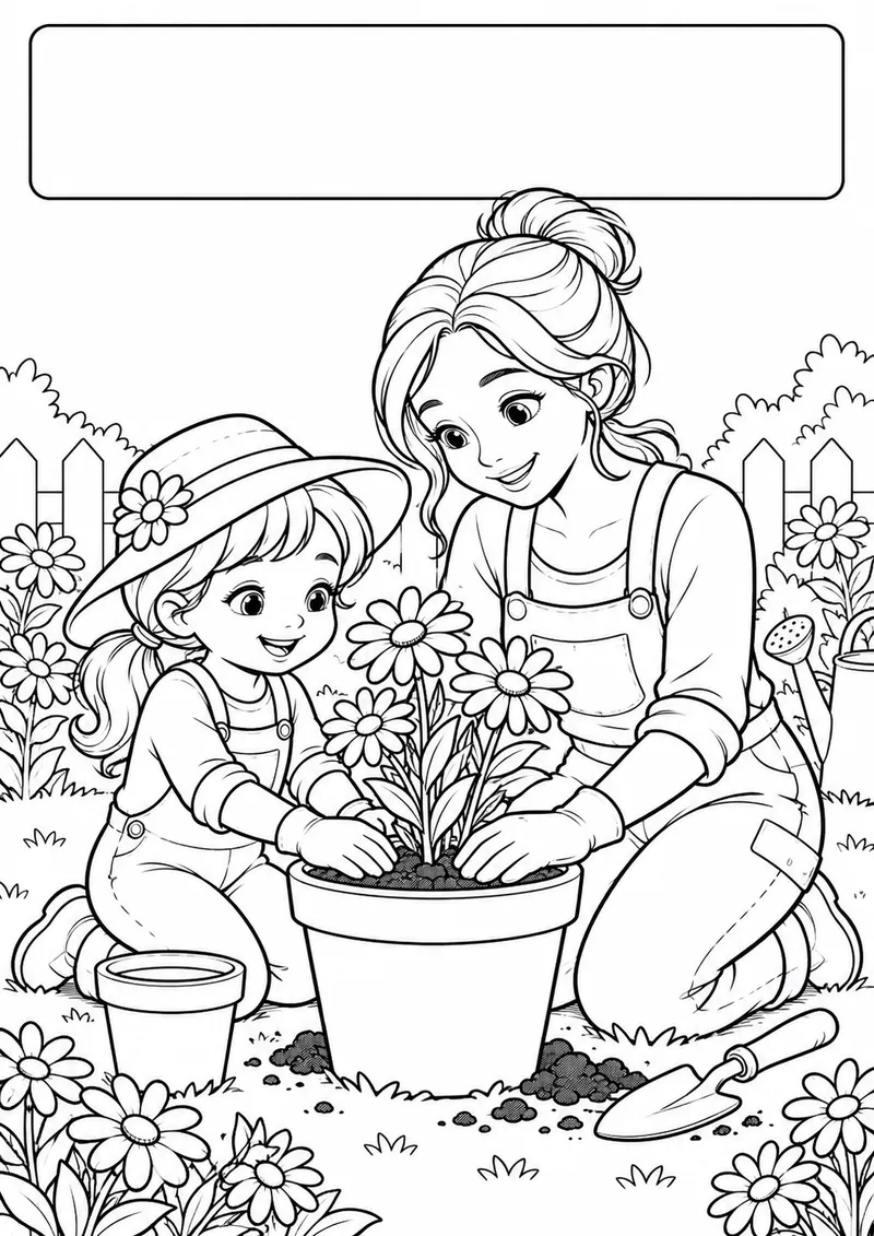 Mãe e criança plantando flores para colorir