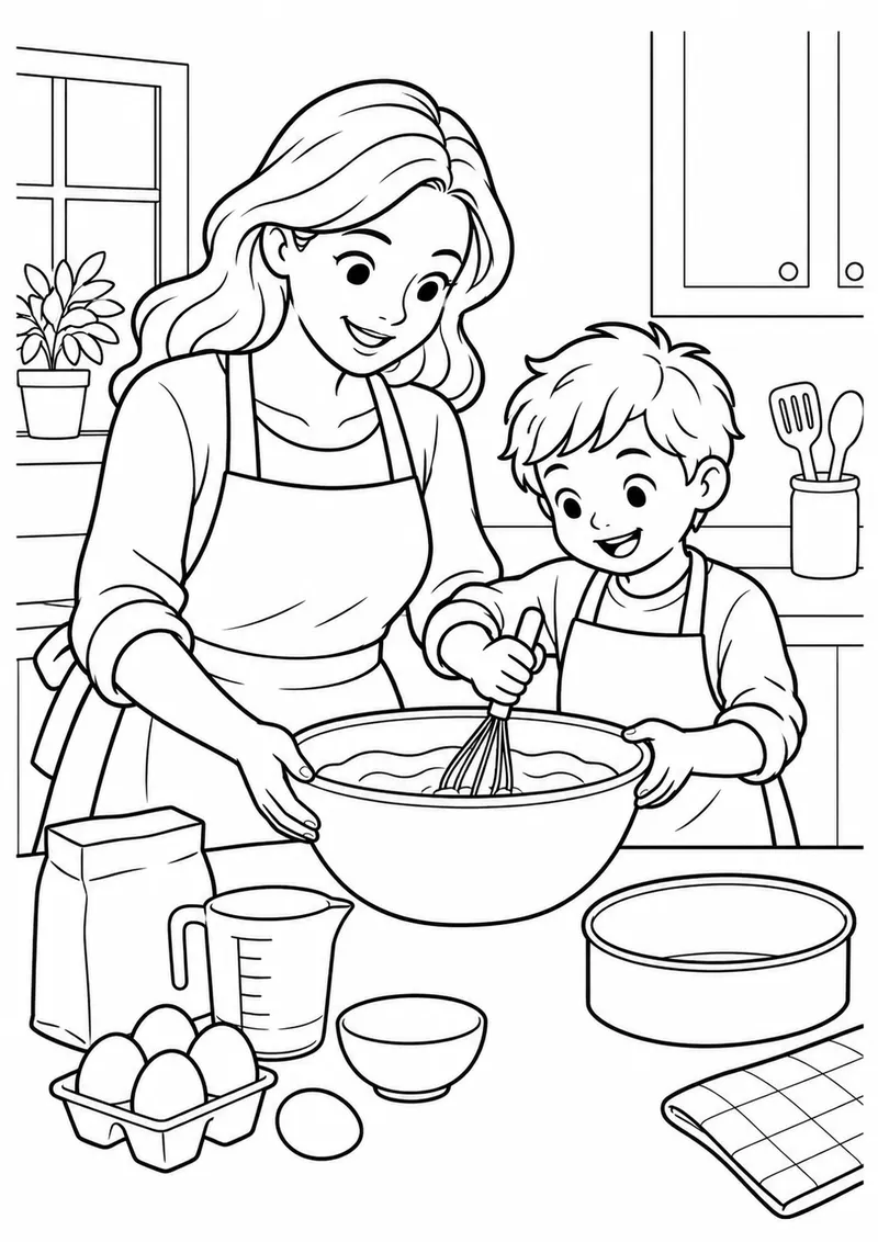 Mãe e filho preparando um bolo para colorir