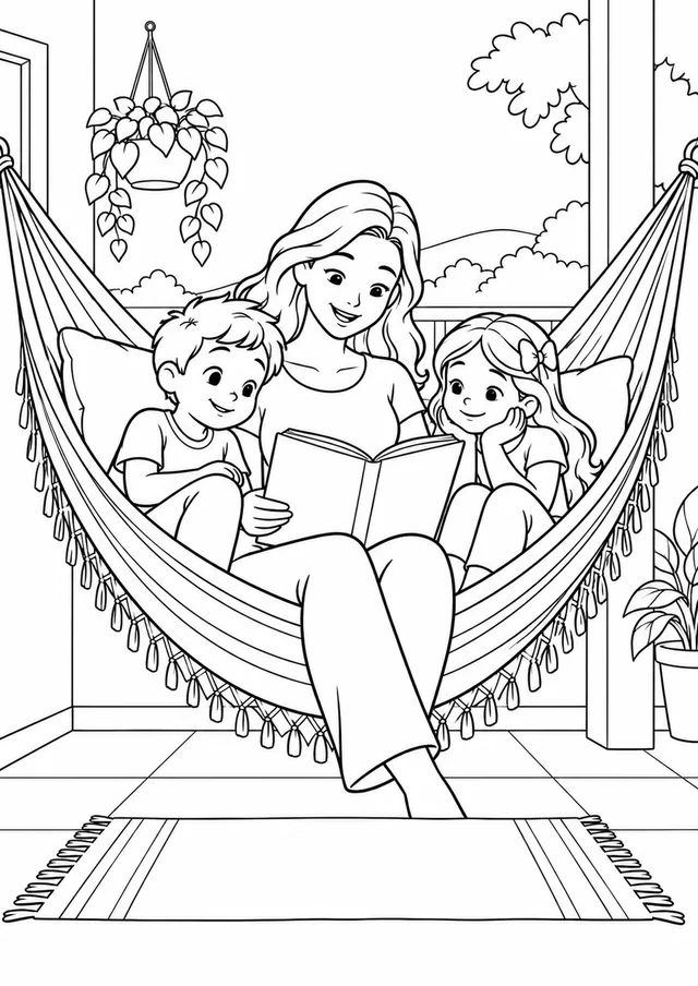 Mãe lendo para filhos numa rede para colorir