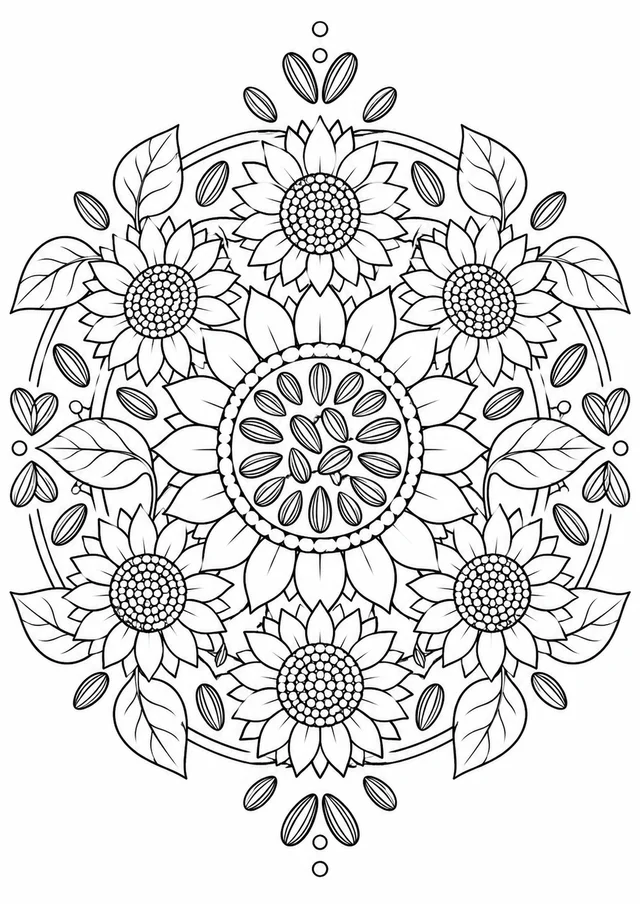 Mandala de girassóis e sementes para colorir