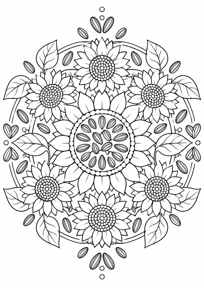 Mandala de girassóis e sementes para colorir
