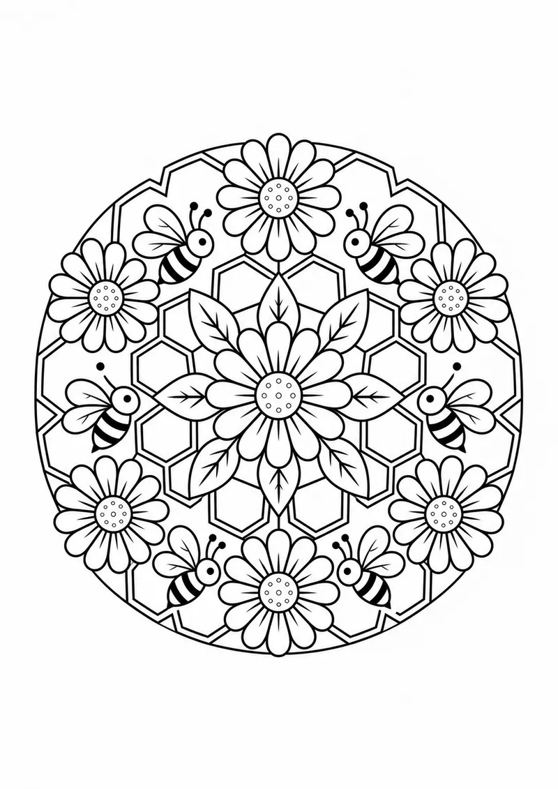 Mandala de margaridas e abelhas para colorir