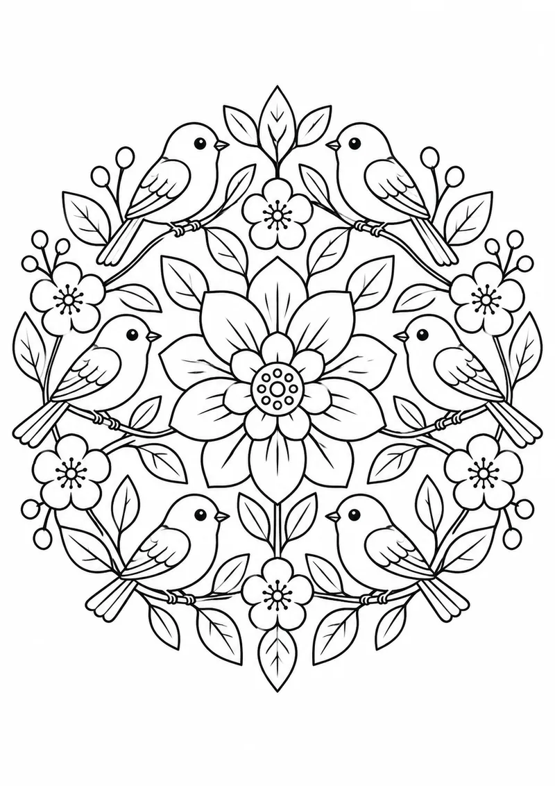 Mandala de pássaros e ramos para colorir