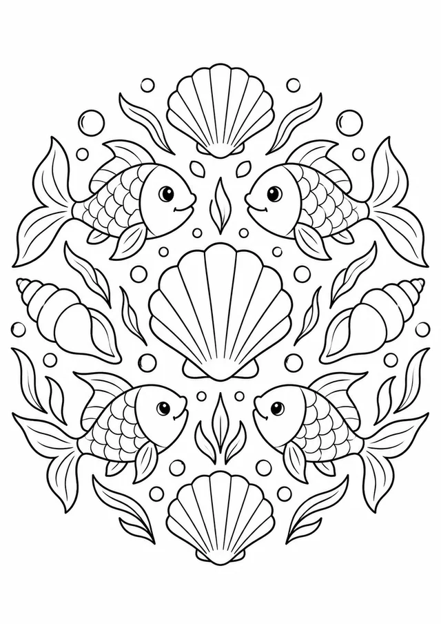 Mandala de peixes e conchas para colorir