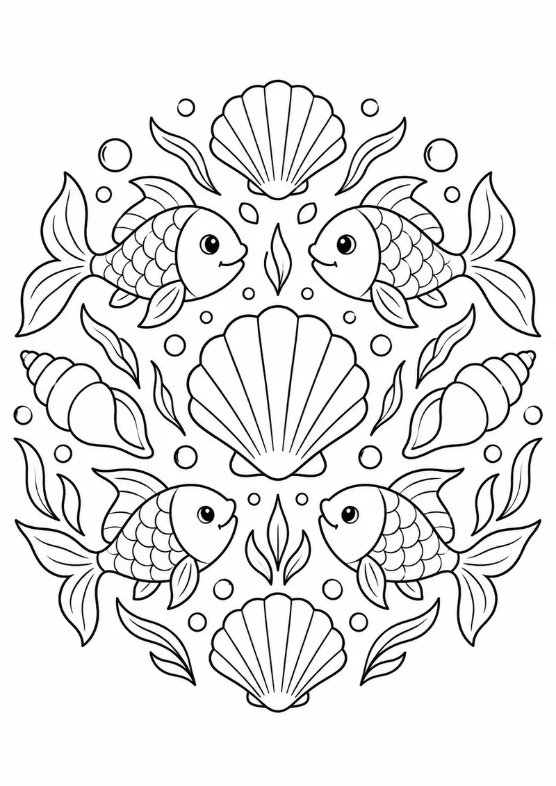 Mandala de peixes e conchas para colorir