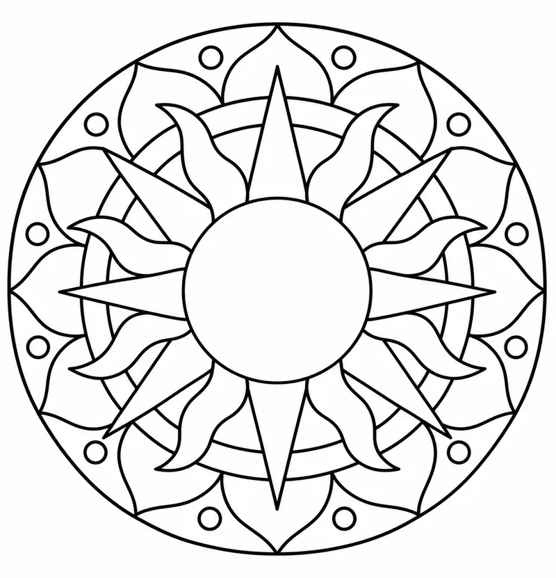 Mandala do sol com raios largos para colorir