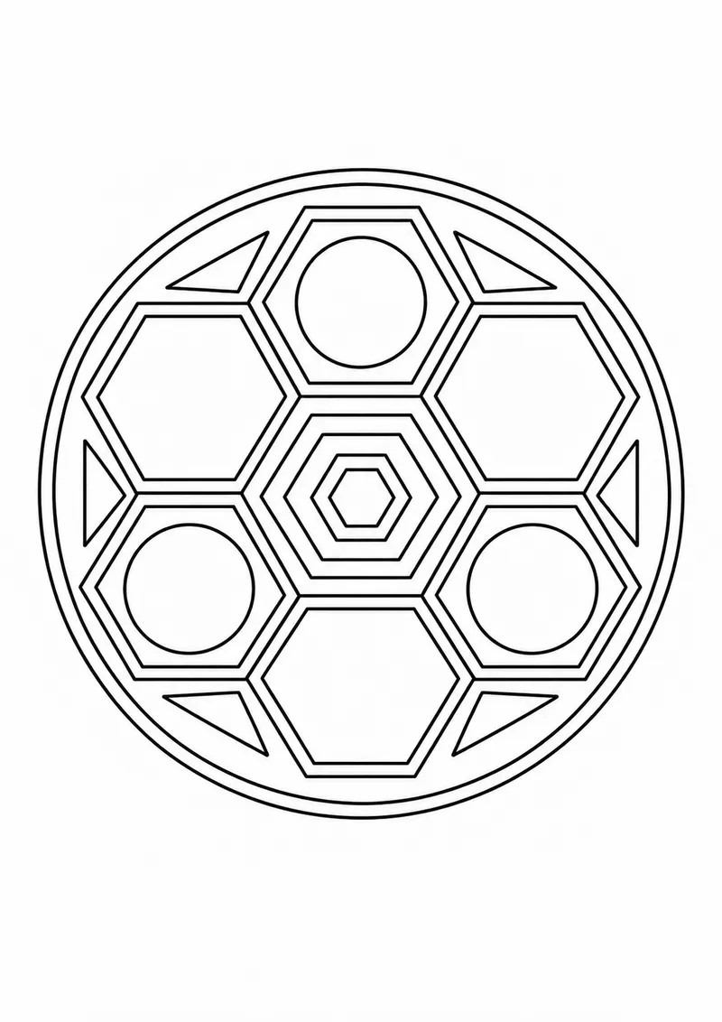 Mandala geométrica de hexágonos para colorir