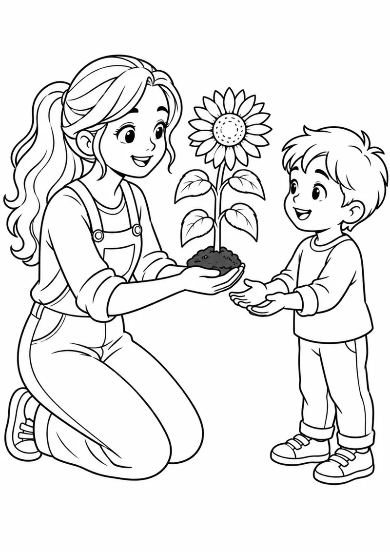 Mãe e filho compartilhando uma muda de girassol para colorir