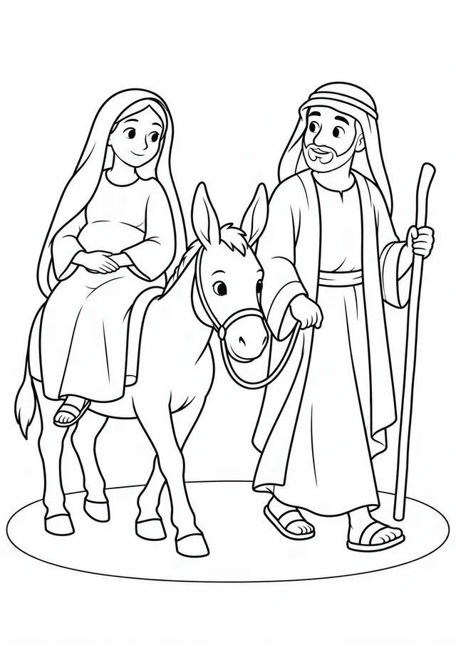 Maria e José caminhando com um jumento para colorir