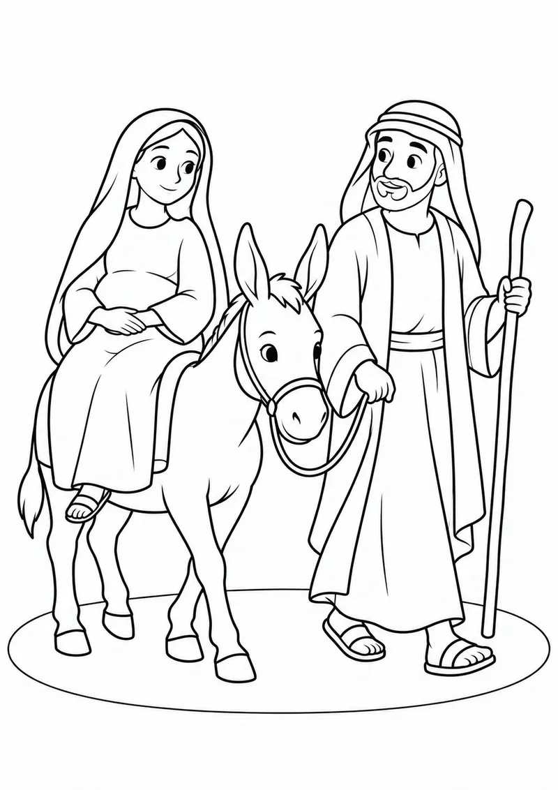 Maria e José caminhando com um jumento para colorir
