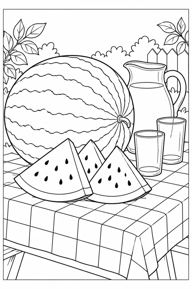 Melancia inteira e fatias na mesa para colorir