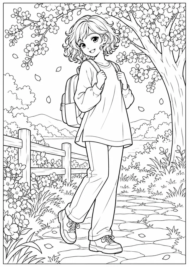 Menina em estilo anime com mochila para colorir