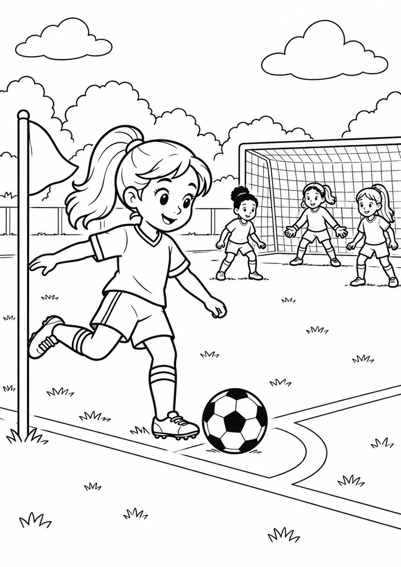 Menina cobrando um escanteio para colorir