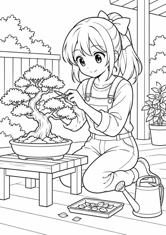 Menina de estilo anime cuidando de bonsai para colorir