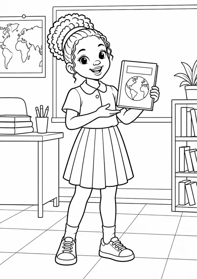 Menina negra apresentando um livro na escola para colorir