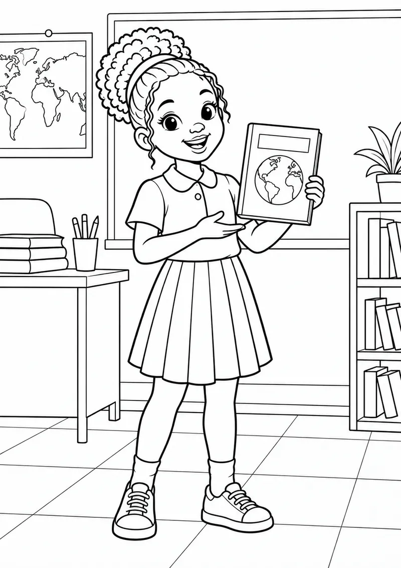 Menina negra apresentando um livro na escola para colorir