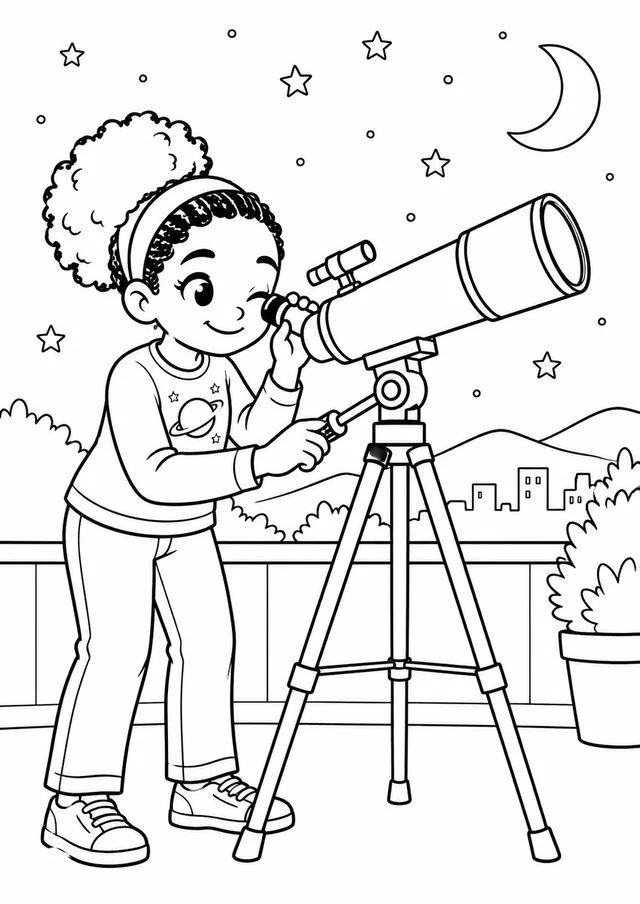 Menina negra astrônoma junto ao telescópio para colorir