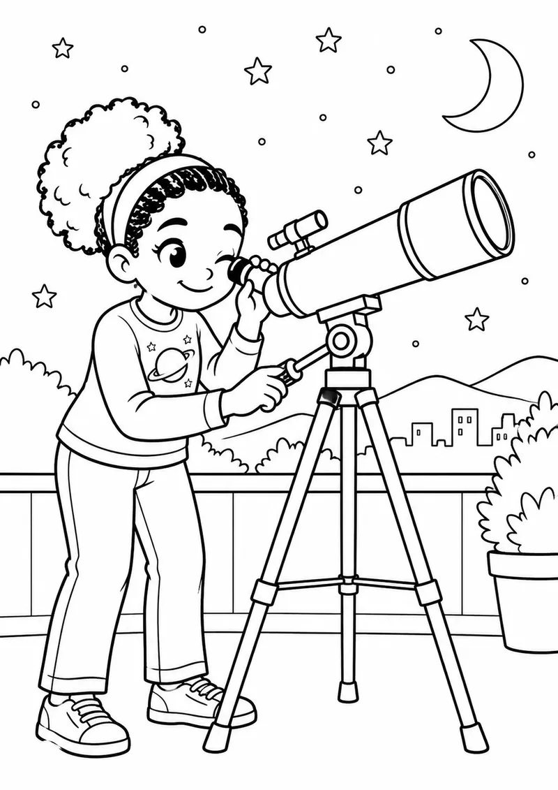 Menina negra astrônoma junto ao telescópio para colorir