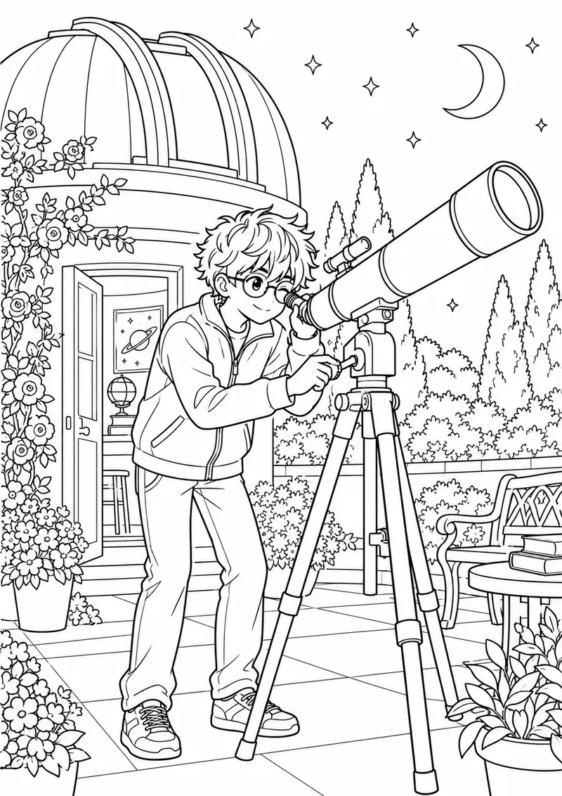 Menino em estilo anime no observatório para colorir