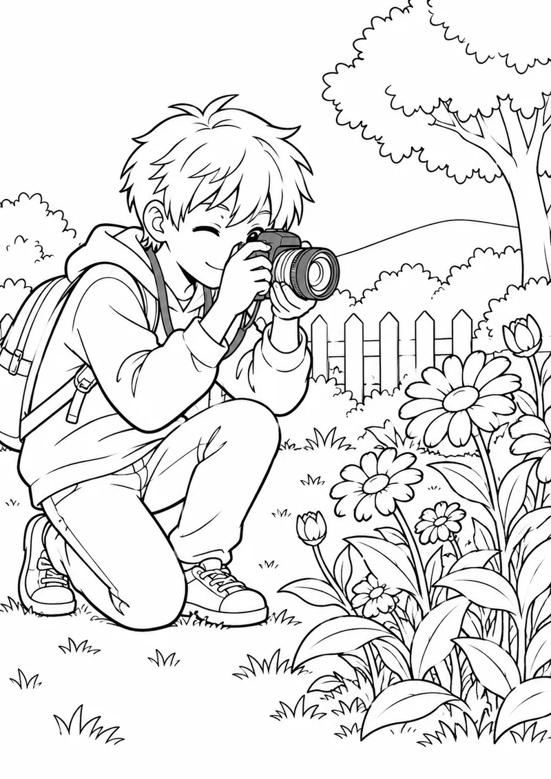 Menino de estilo anime fotografando flores para colorir