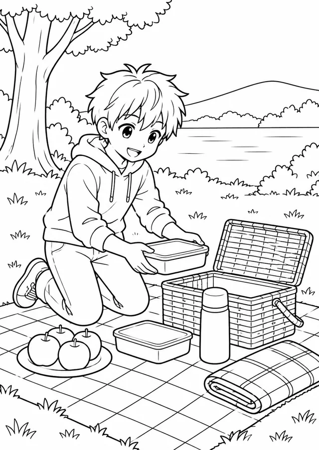 Menino de estilo anime preparando um piquenique para colorir