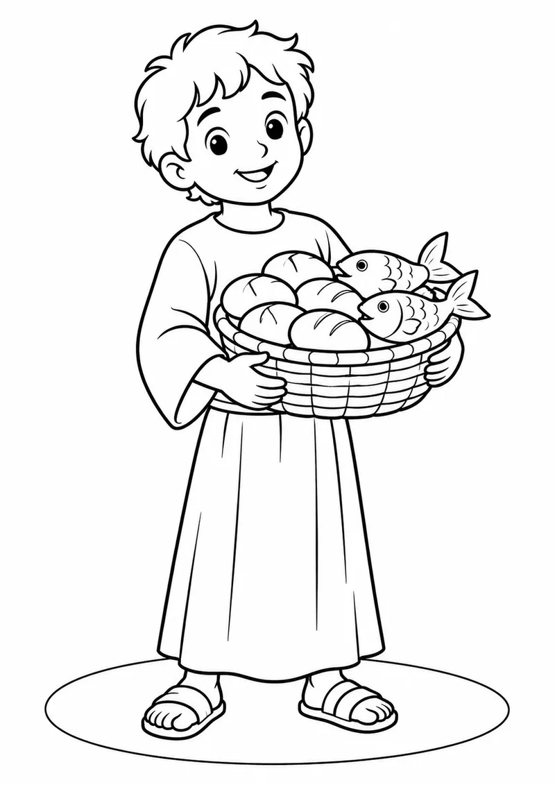 Menino levando pães e peixes para colorir