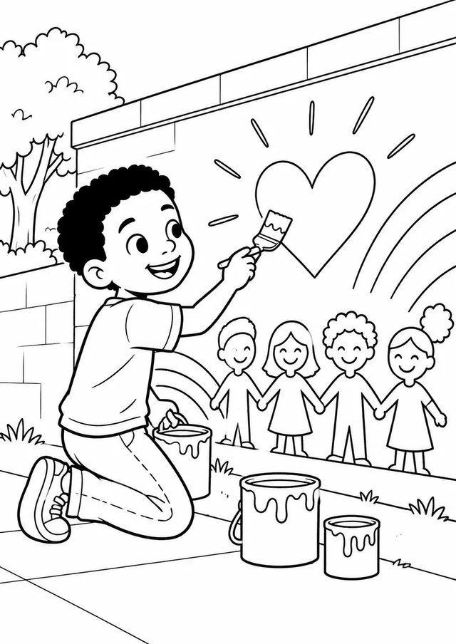 Menino negro pintando um mural de amizade para colorir