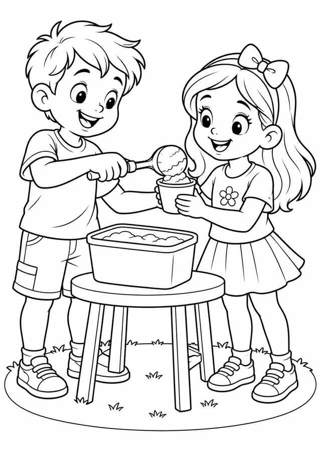 Menino servindo sorvete para uma amiga para colorir