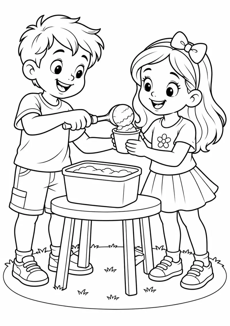 Menino servindo sorvete para uma amiga para colorir