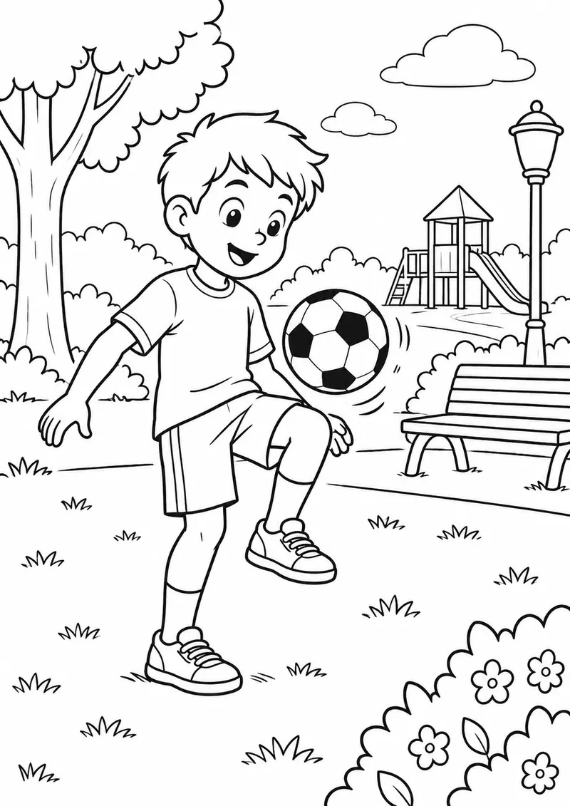 Menino treinando embaixadinhas no parque para colorir