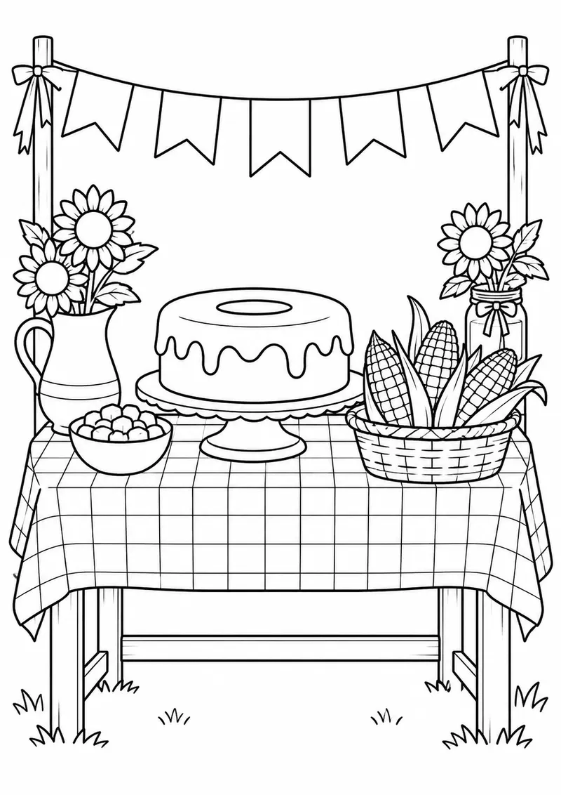Mesa de comidas juninas com bolo e espigas para colorir