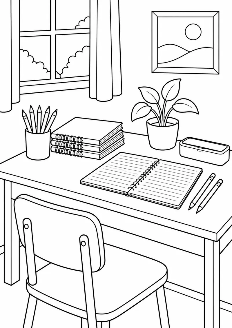 Mesa organizada com cadernos e lápis para colorir