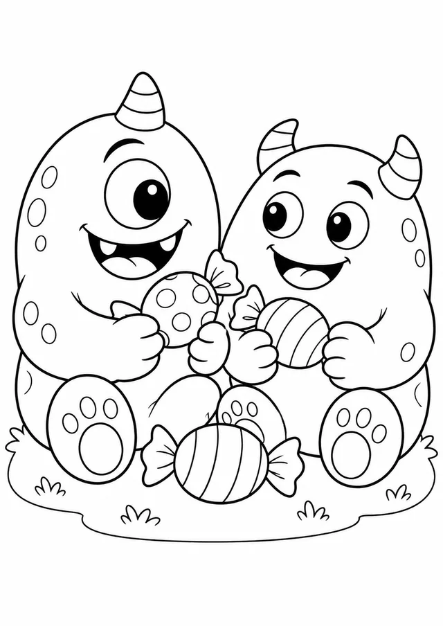 Monstrinhos dividindo doces para colorir