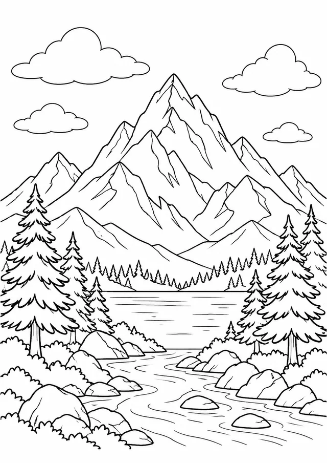 Montanha grande com pinheiros e nuvens para colorir