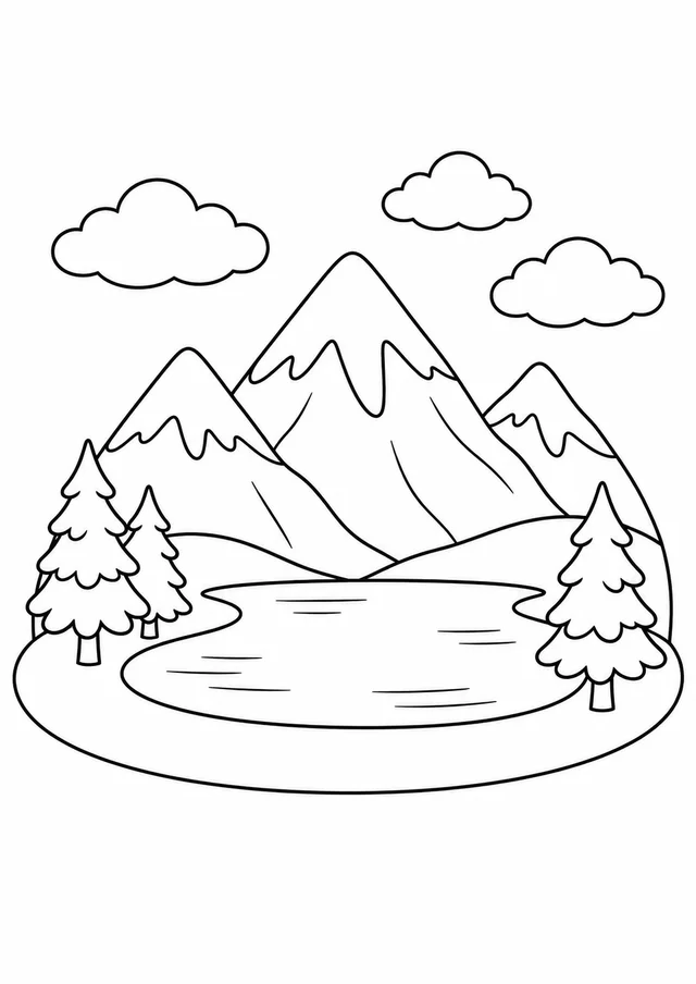 Montanhas com neve e lago calmo para colorir