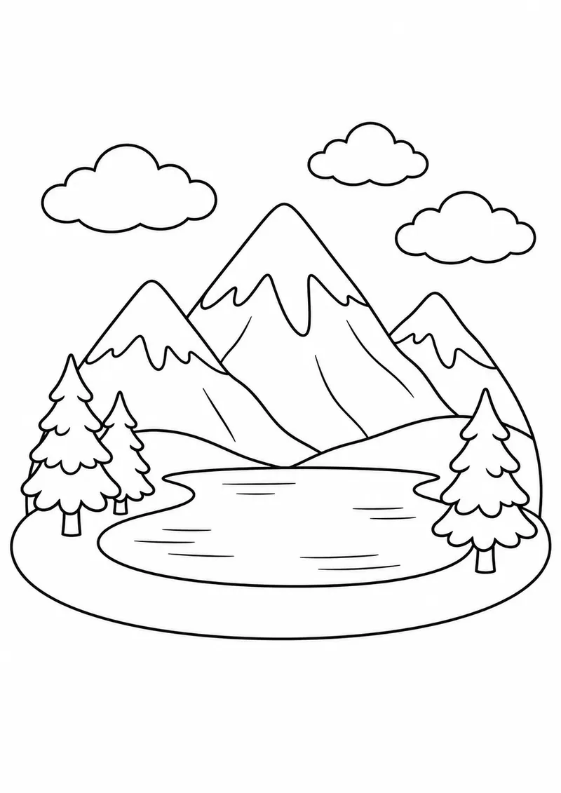 Montanhas com neve e lago calmo para colorir