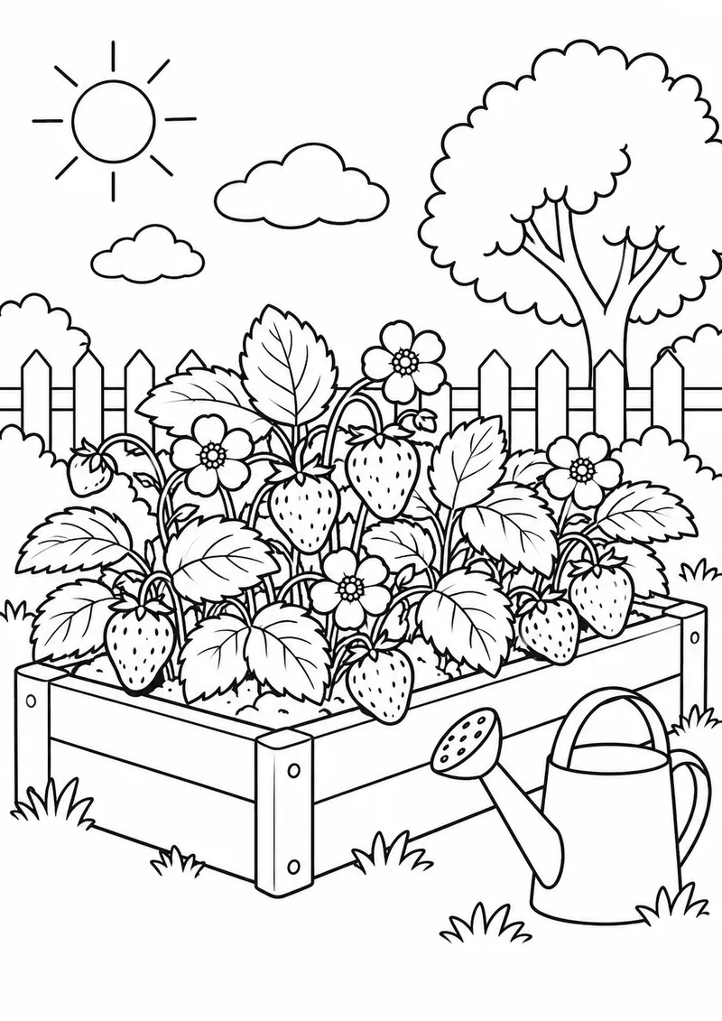 Morangos com flores num canteiro para colorir