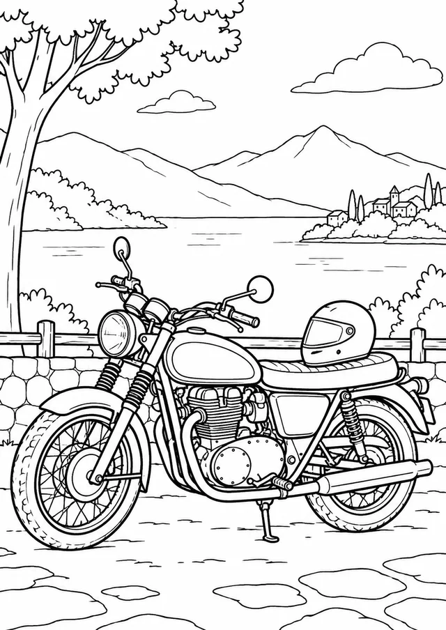 Moto clássica com capacete no banco para colorir